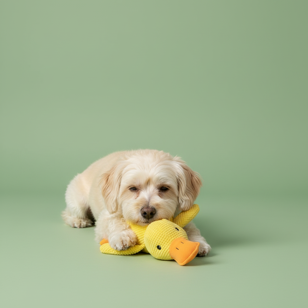 Squeaky Plush Duck Dog Toy – Dog Lifestyle 2